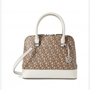 DKNY Bryant Convertible Strap Dome Satchel Handbag White Gold Tone Details NWT